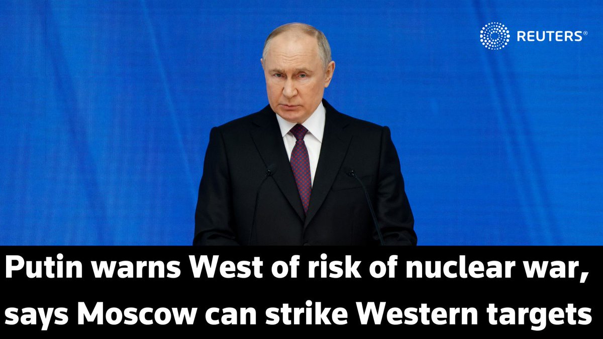 President Vladimir Putin told Western countries on Thursday they risked provoking a nuclear war if they sent troops to fight in Ukraine, warning that Moscow had the weapons to strike targets in the West reut.rs/3SZQX2w 1/5