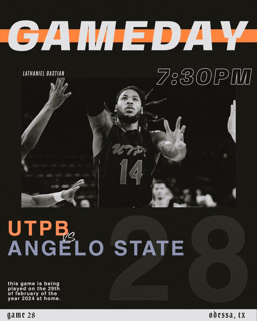 𝐆𝐚𝐦𝐞𝐝𝐚𝐲 𝟐𝟖

🆚 Angelo State
⏰ 7:30PM CST
📍 Odessa, TX
💻 tinyurl.com/mm7n47ux