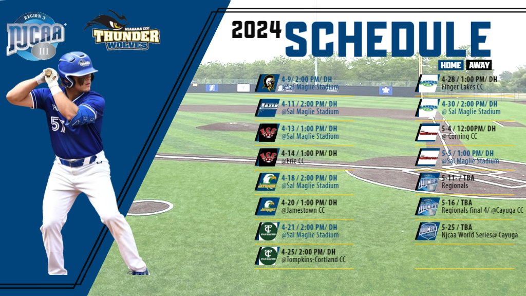 As our season starts, here is our 2024 schedule! Come support you SUNY Niagara Thunderwolves home games at Sal Maglie Stadium!