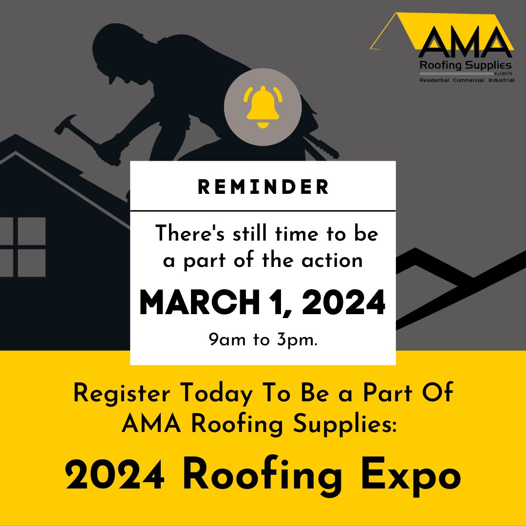 Tomorrow is the BIG day! 🎉 But don't worry, there's STILL time to register! Don't forget, if you're a roofer looking to participate in any of our contests, you must bring your own tools! 
Register here: amaroofingsupplies.com/roofing-expo

#RoofingExpo #Contractors #RegisterNow 🏗️✨