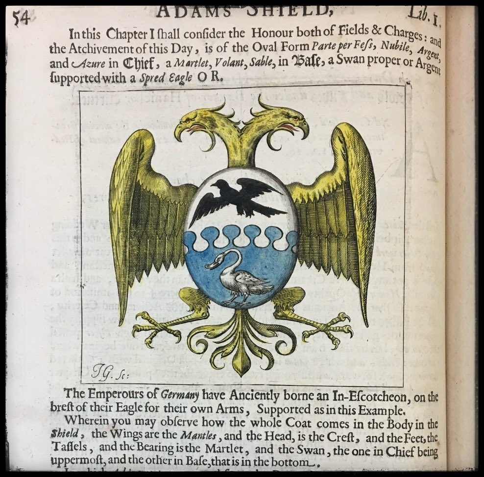 Morgan’s unique way to interpret arms, as he used 2 do throughout his “The Sphere of Gentry”, 1661-3. 
“parte[y] per fess nubile [nebuly] a #martlet volant sable, in base, a #swan proper or argent”. 
#doubleheadedeagle pre #LesArmoiriesDuVendredi #heraldry #rarebooks #17thCentury
