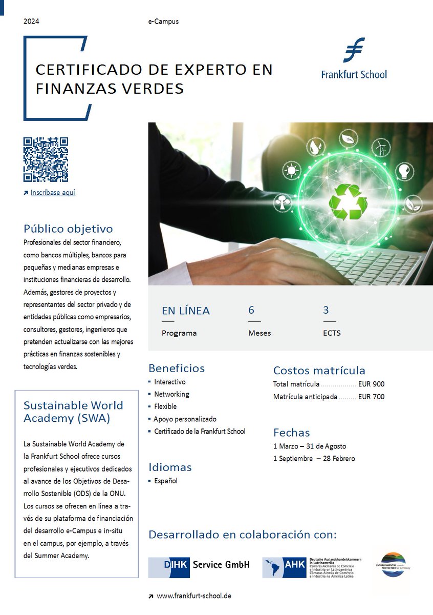 ¡Último día para inscripciones en nuestro curso de Finanzas Verdes! 🌿 No pierdas la oportunidad de profundizar en este campo en crecimiento. Regístrate ahora y hazte parte del cambio financiero sostenible. 💼🌎 #FinanzasVerdes #Sostenibilidad
linked.frankfurt-school.de/ob/index.cfm?i…