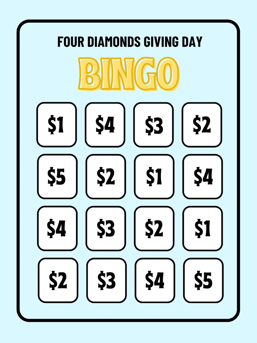 SFMiniTHON's tweet photo. It’s @fourdiamonds GIVING DAY!! We’re celebrating with a bingo board challenge. SF Friends…Let’s see who’s up to the challenge. We’re nominating @gsmith79 to fill his bingo board FTK💙💠 https://t.co/m20skUJKtb
