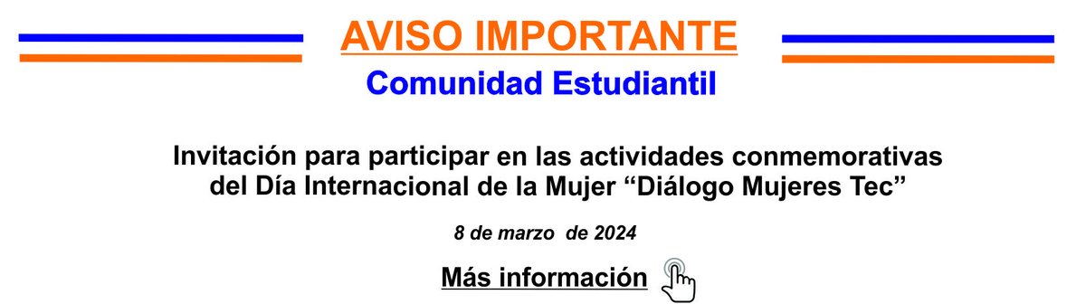 Buenos días comunidad estudiantil  ‼️ 📢
Se hace la invitación para participar en las actividades conmemorativas del Día Internacional de la Mujer el día 8 de Marzo 

Más información:
👉 cutt.ly/QwMyzpWr