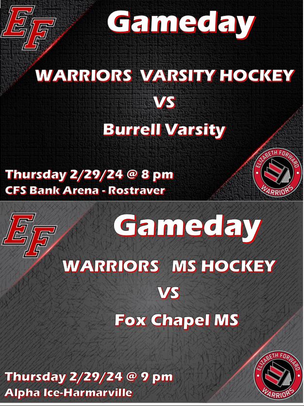 GAMEDAY!!! EF Varsity in its last home game of the season with a win and get in to the playoffs scenario, tonight 8pm at Rostraver. EF Middle School plays in the night cap at Alpha Ice. Let's GO Warriors!!!
