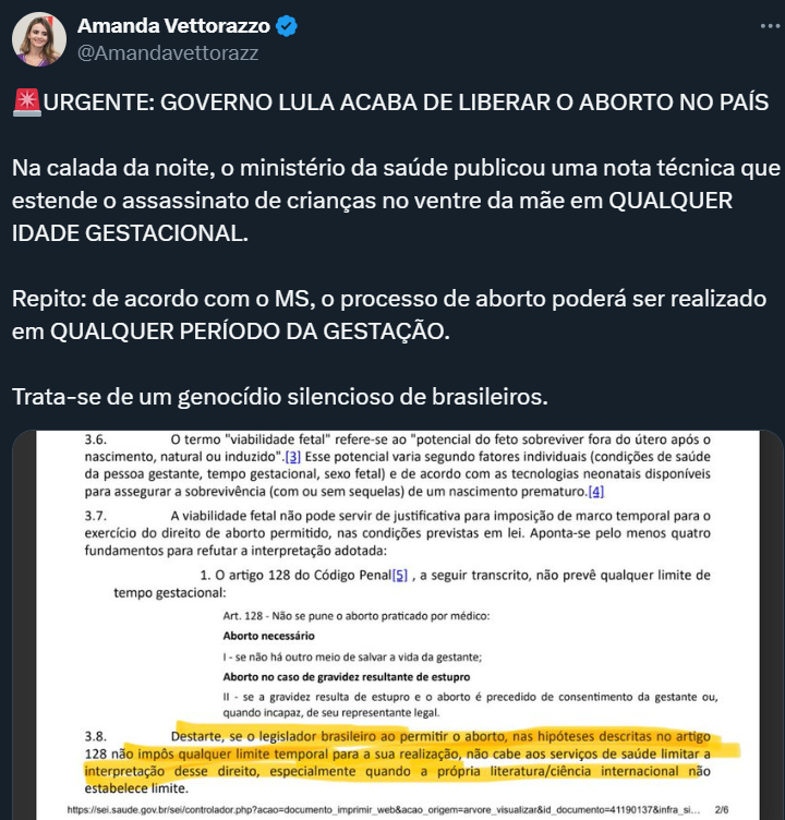 🚨 O MBL QUER TE ENGANAR!

Mais cedo a Amanda Vettorazzo postou o print de um trecho da Norma Técnica Conjunta 2/2024, publicada pelo <a href="/minsaude/">Ministério da Saúde 🩵</a>. É mais uma tentativa do MBL de te enganar e eu vou explicar nesse fio o porquê. 🧶