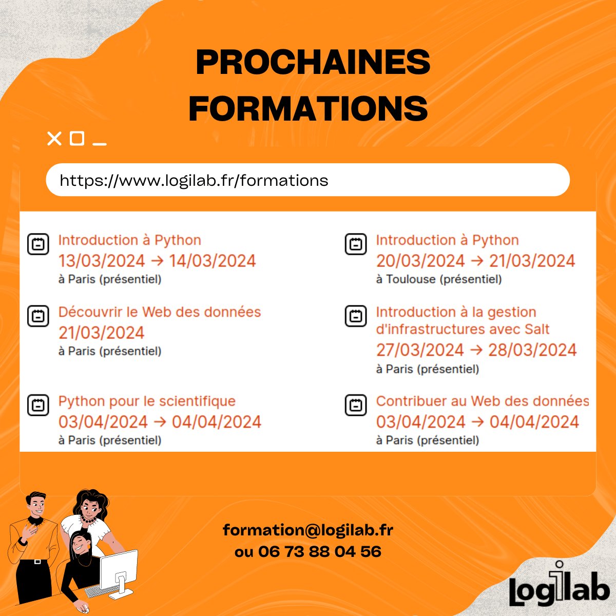 Voici le planning de nos prochaines formations Logilab : #python #web #données #data #donnéesliées #scientifique #salt #infra #infrastructures #formation #IA #intelligenceartificielle #machinelearning #websem #websemantique