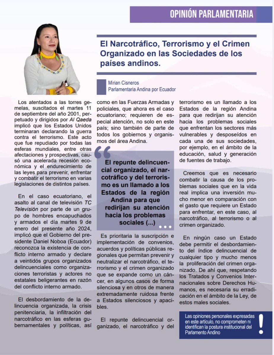 #OpinionParlamentaria 

Compartimos la columna de opinión para la edición de la revista El Cóndor del mes de enero.

Seguridad Andina: una apuesta de cooperación internacional y lucha conjunta. 

#MirianCisnerosParlamentaria 
#juntosporlaintegración 
#JuntosPorLaRegión