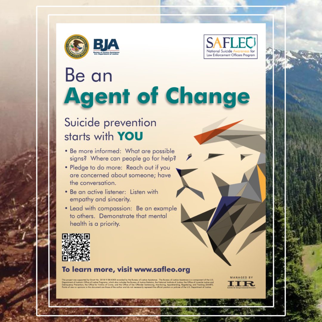 Suicide prevention starts with you. This poster tells ways that you can be an agent of change in your department and for your fellow officers. safleo.org/ResourceLibrar… @ukcosw @AASuicidology @NLEOMF #SAFLEO #lawenforcement #thinblueline #firstresponder #wellness #resource