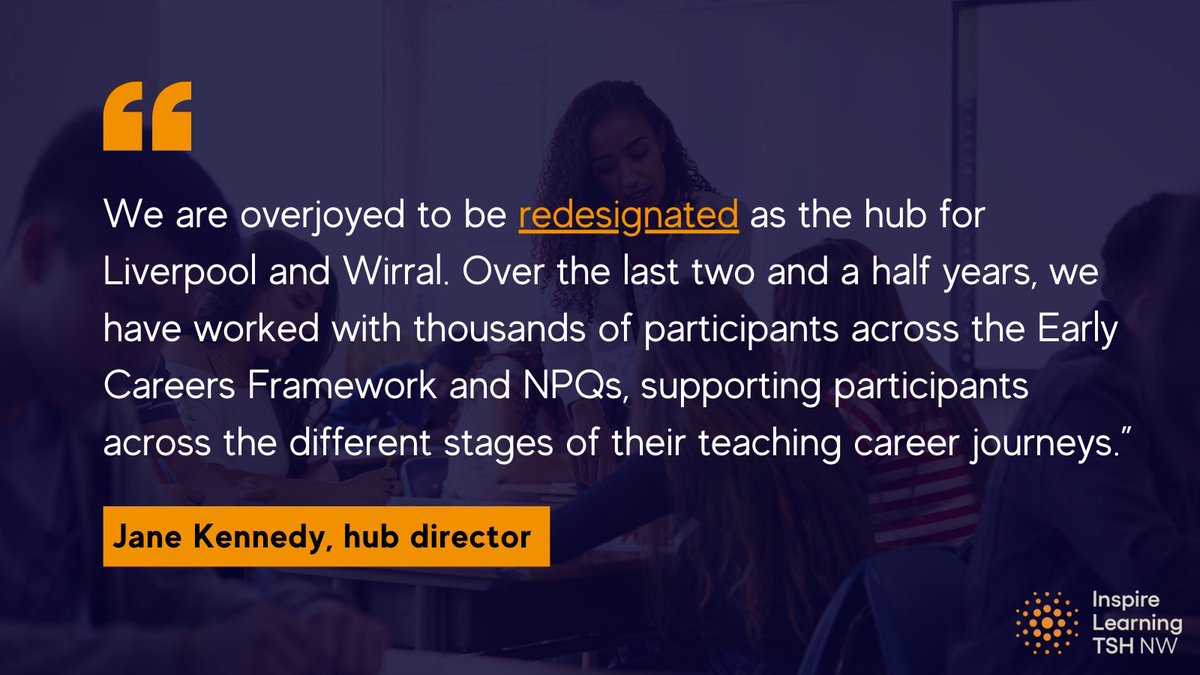 Inspire Learning Teaching School Hub NW (@inspiretshubnw) on Twitter photo It has been a pleasure to work with thousands of participants at our hub over the past two and a half years😊
As the redesignated hub for Liverpool and Wirral, we are excited to continue this work, supporting more teachers and leaders as they take the next step in their careers. It has been a pleasure to work with thousands of participants at our hub over the past two and a half years😊
As the redesignated hub for Liverpool and Wirral, we are excited to continue this work, supporting more teachers and leaders as they take the next step in their careers.