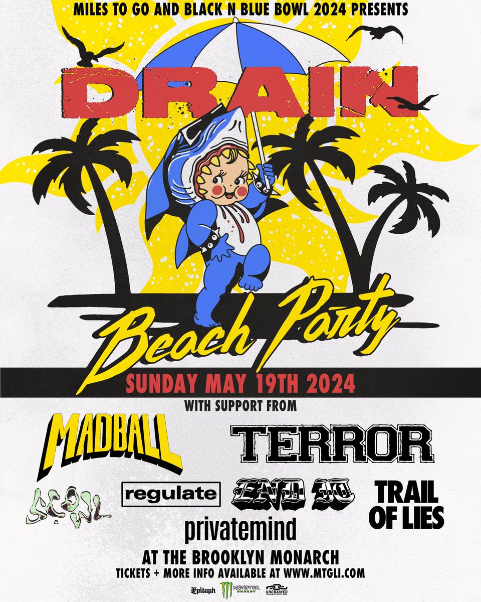 Just Announced! In association with da BNB Bowl. Drain will be returning to the Brooklyn Monarch this upcoming May with nothing short of a fest-esque lineup and pockets full of sand. Maybe a pool noodle or two. Tickets on sale tomorrow at 10 am at mtgli.com