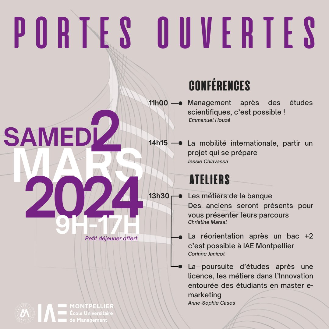 IAE Montpellier (@iae_montpellier) on Twitter photo #JPO Journée portes ouvertes à <a href="/IAE_Montpellier/">IAE Montpellier</a>
Venez nous rencontrer sur place ou en ligne !
📅Samedi 2 mars 2024 - de 9h à 17h
📍 IAE, bâtiment 29, site Triolet, #Montpellier
Découvrez notre #programme pour la journée ! #JPO Journée portes ouvertes à <a href="/IAE_Montpellier/">IAE Montpellier</a>
Venez nous rencontrer sur place ou en ligne !
📅Samedi 2 mars 2024 - de 9h à 17h
📍 IAE, bâtiment 29, site Triolet, #Montpellier
Découvrez notre #programme pour la journée !