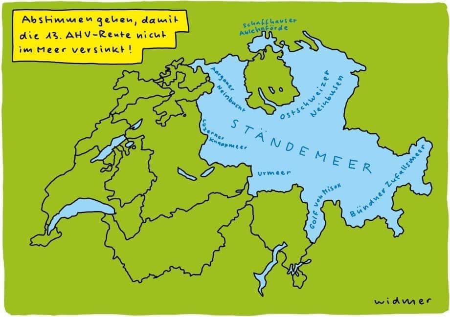 Schweiz! JAbstimmen nicht vergessen! (WOZ Die Wochenzeitung, 29.2.24) #AHV13JA #ruediwidmercartoons #wozwochenzeitung
