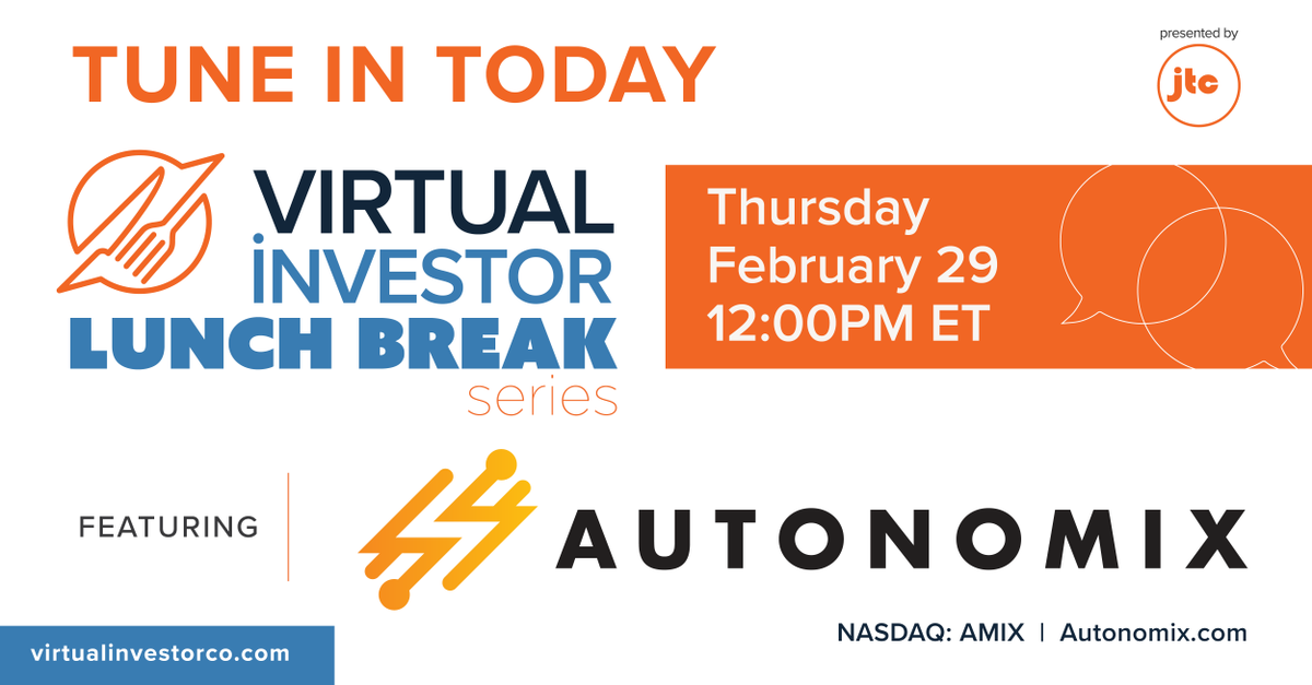 #TuneInToday at 12 PM ET for the Virtual Investor Lunch Break: The Autonomix Opportunity. Register here: bit.ly/4c0EW5V $AMIX @Autonomixmed #Electrophysiology #MedTech #PeripheralNervousSystem #NeuralSignals #DetectionTechnology