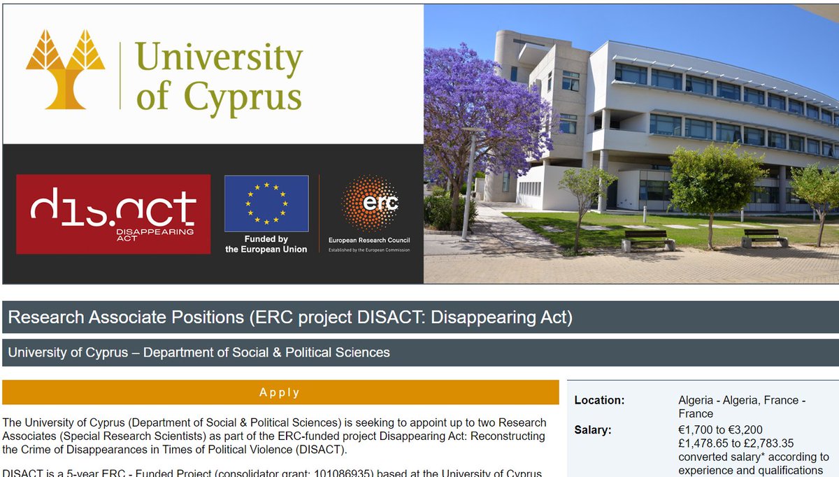 🌟 New Research Positions Open! 🌟 🤔 Do you speak French and/or Arabic and have a keen interest in the historical origins of political violence? Join our ERC-funded DISACT project to explore the crime of enforced disappearances. shorturl.at/iqwOR