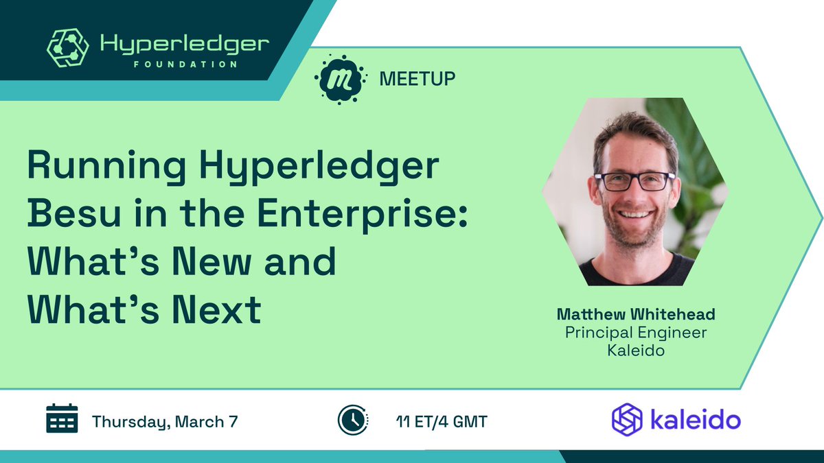 Learn about how to run #HyperledgerBesu in the Enterprise on Thurs, March 7 at 11AM Eastern. Matthew Whitehead form <a href="/Kaleido_io/">Kaleido</a> will share what’s new and what’s next with Besu.

hubs.la/Q02m0NYF0
