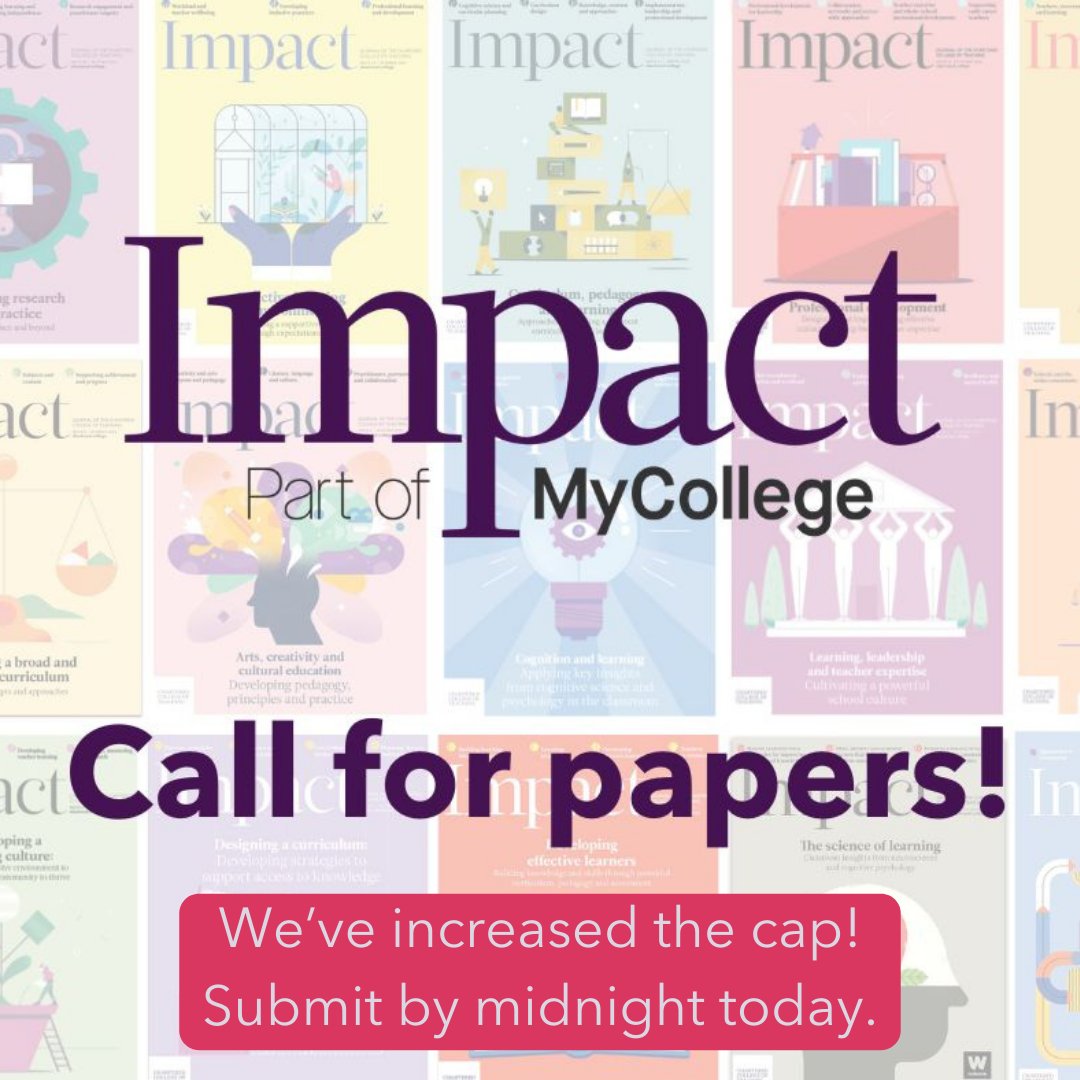 CharteredColl's tweet image. Thank you for everyone's enthusiasm for #Impact issue 22 that will focus on #EmbeddingResearch and #EvidenceInformed culture. 📢 We have re-opened the call and increased the cap so that those  intending to submit can do so before midnight. Submit here: submittable.pulse.ly/cg2t4qnmwa