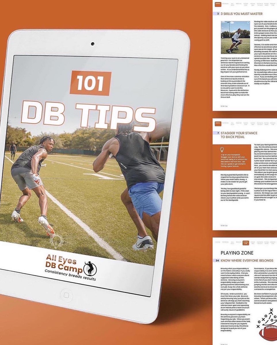 dbtips101's tweet image. Lockdown your skills with "101 DB Tips" – the playbook for defensive backs. From studying film to perfecting man coverage, this guide has got you covered. Available in e-book or soft cover. Get your copy and elevate your game today:
stan.store/alleyesdbcamp
