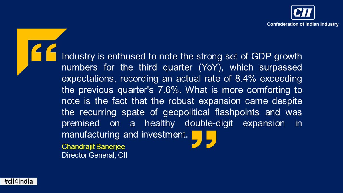 'Industry is confident that the Indian economy will continue to grow at a 7%+ growth rate over the medium term,' says @CB_CII, Director-General, CII, on 3QFY24 GDP The PLI scheme and a host of other benefits announced for the manufacturing sector have buttressed the strong growth…