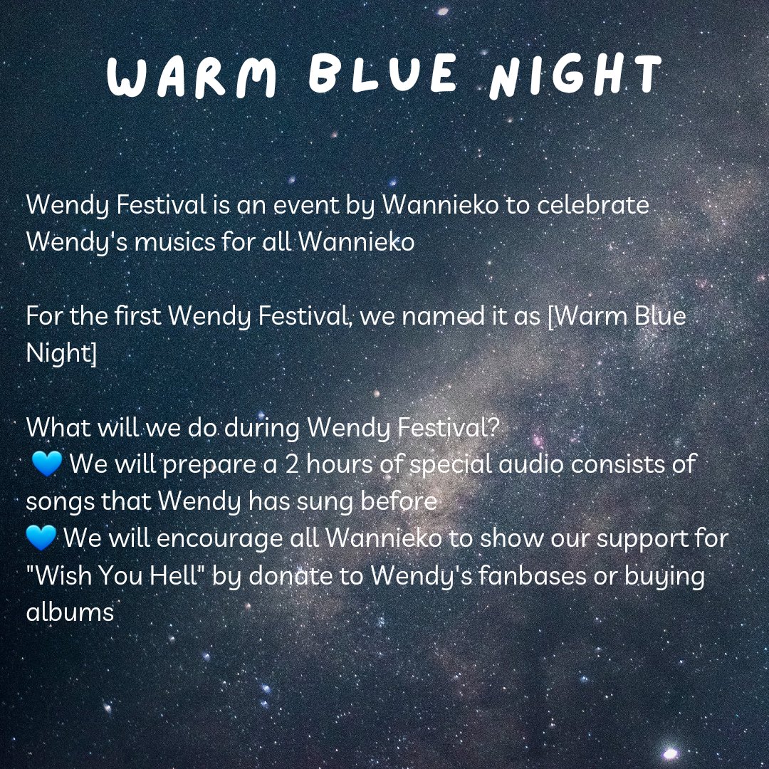 wendyfestival's tweet photo. About Wendy Festival 🌠Warm Blue Night💙

Please RT and share this 🙏🏻

See you this Saturday 10PM KST at Wendy Festival ✨ https://t.co/NtasROMTQM