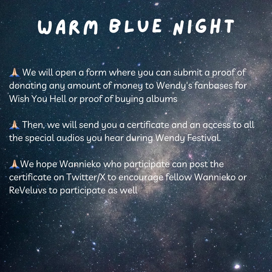 wendyfestival's tweet photo. About Wendy Festival 🌠Warm Blue Night💙

Please RT and share this 🙏🏻

See you this Saturday 10PM KST at Wendy Festival ✨ https://t.co/NtasROMTQM