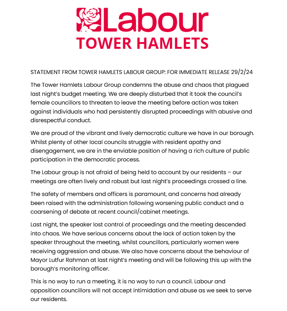 TH_Labour's tweet image. Statement from THLG on last night's budget meeting