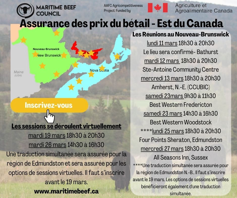 NB Cattle Producers (@bovinsnbcattle) on Twitter photo Livestock Price Insurance - Eastern Version upcoming information sessions are being held regionally from March 11-27th.
Preregister at maritimebeef.ca/events/
Please contact Amy Higgins at (902) 957-2606 or projects@agricommodity.ca with questions or for more information! Livestock Price Insurance - Eastern Version upcoming information sessions are being held regionally from March 11-27th.
Preregister at maritimebeef.ca/events/
Please contact Amy Higgins at (902) 957-2606 or projects@agricommodity.ca with questions or for more information!