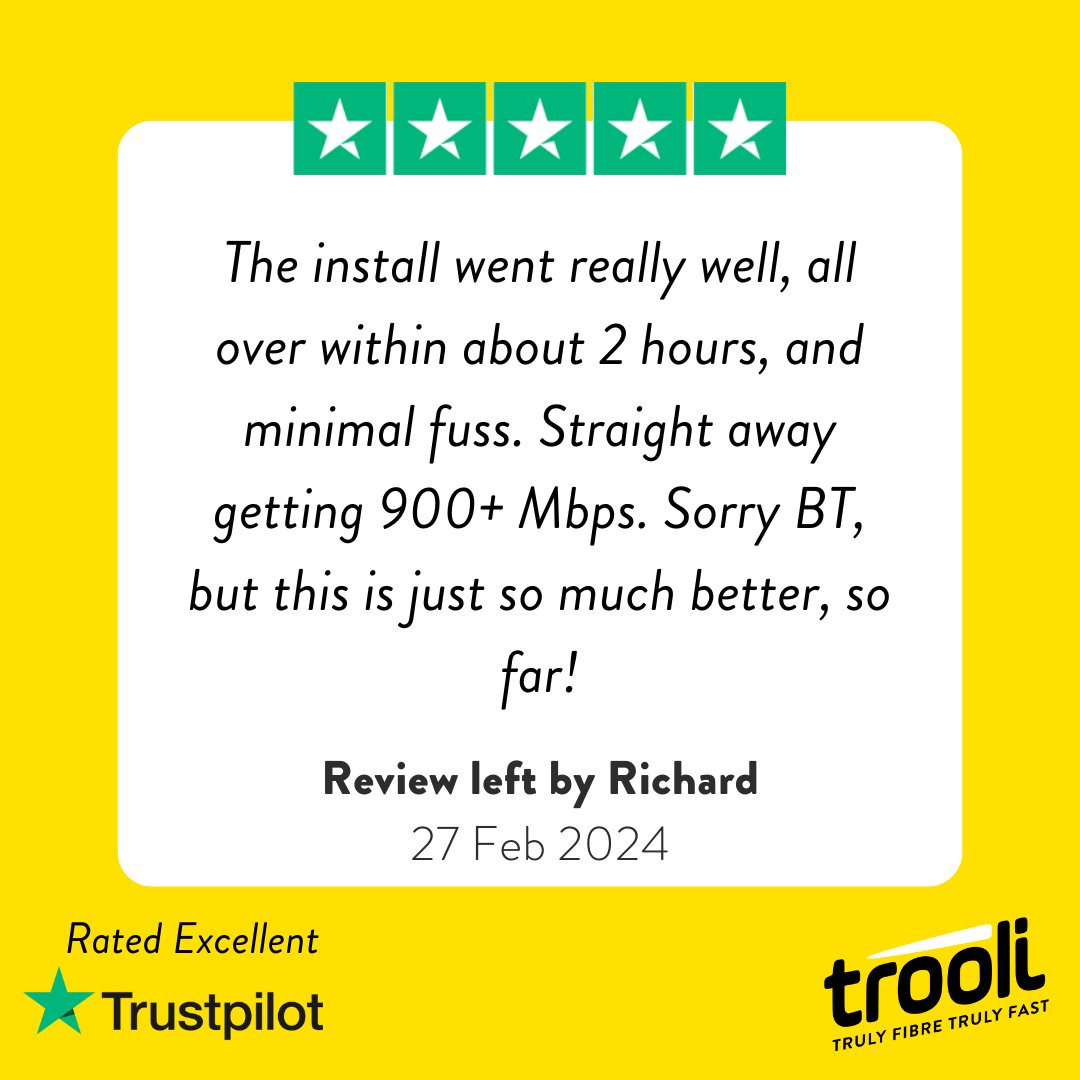 TrooliFibre's tweet image. Feeling the love from our happy customers! 💛 This review is making us blush. Want to experience the Trooli difference yourself? Check out our website: trooli.com

#fttp #fullfibrebroadband #fullfibrenetwork #fibreoptic