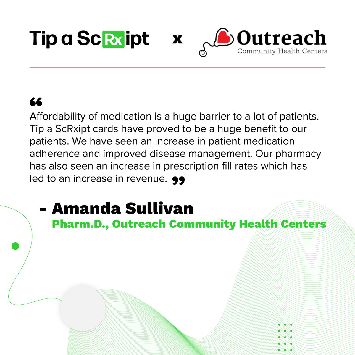 Great testimonial from Outreach Community Health Centers pharmacist about the outcomes Tip a ScRxipt controlled expense debit cards provided for their patients and the pharmacy!