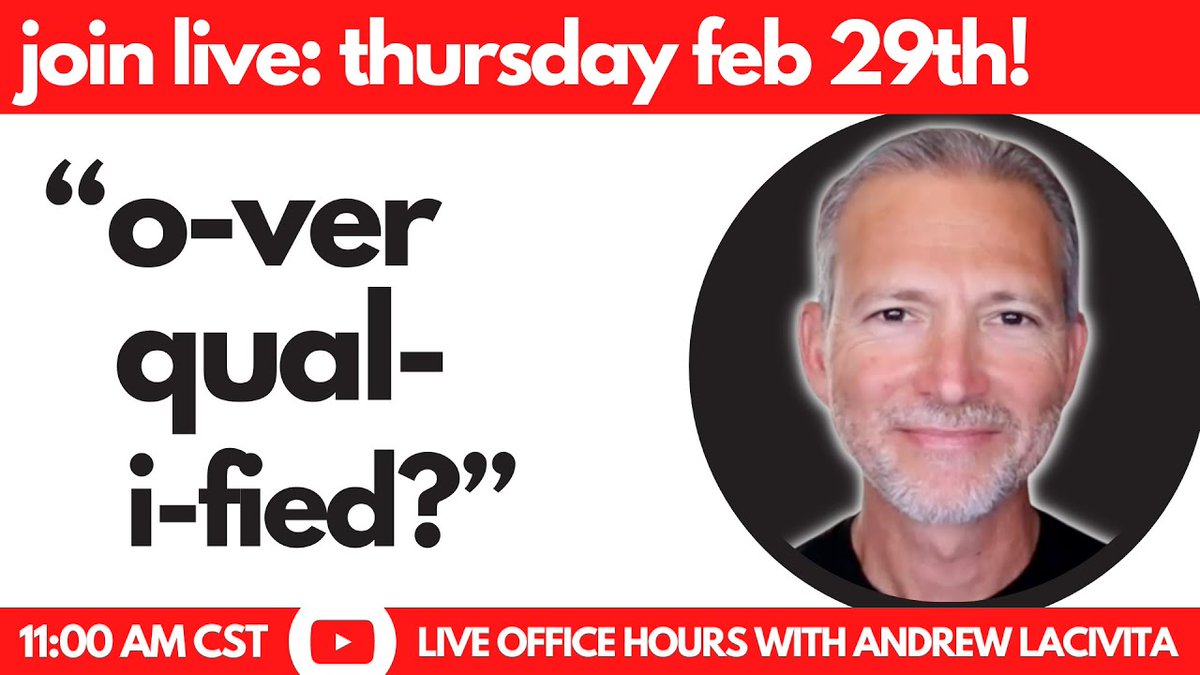 arlacivita's tweet image. Join me TODAY at 11 AM CT on my YouTube channel for FREE LIVE OFFICE HOURS where I&apos;ll be discussing how to handle being told you&apos;re &quot;overqualified&quot; during the job interview process!

🔴 youtube.com/watch?v=eF1zom…  

#jobinterview #interviewinghelp #interviewingtips #overqualified