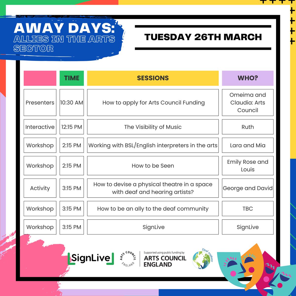 deafexplorer's tweet photo. 🎉 OFFICIAL PROGRAMME LAUNCH 🎉

Our event ‘Away Days: Allies in the Arts Sector’ is fast-approaching and we are super excited to share with you, the official programme!🤩

You don’t want to miss this!

Your FREE place at the event can be secured here:
https://t.co/vbyXIS2LRB https://t.co/zM2ipW5CJo