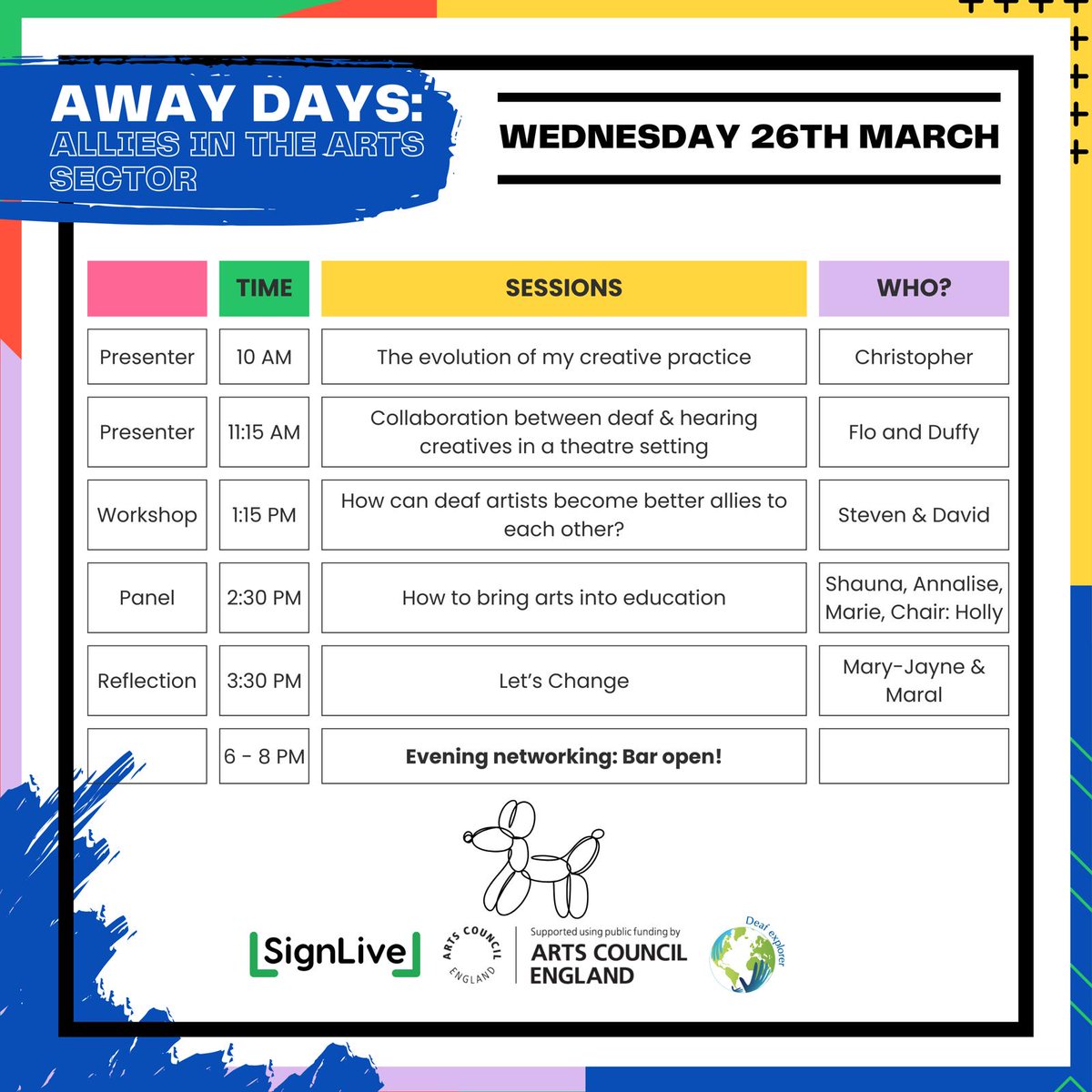 deafexplorer's tweet photo. 🎉 OFFICIAL PROGRAMME LAUNCH 🎉

Our event ‘Away Days: Allies in the Arts Sector’ is fast-approaching and we are super excited to share with you, the official programme!🤩

You don’t want to miss this!

Your FREE place at the event can be secured here:
https://t.co/vbyXIS2LRB https://t.co/zM2ipW5CJo