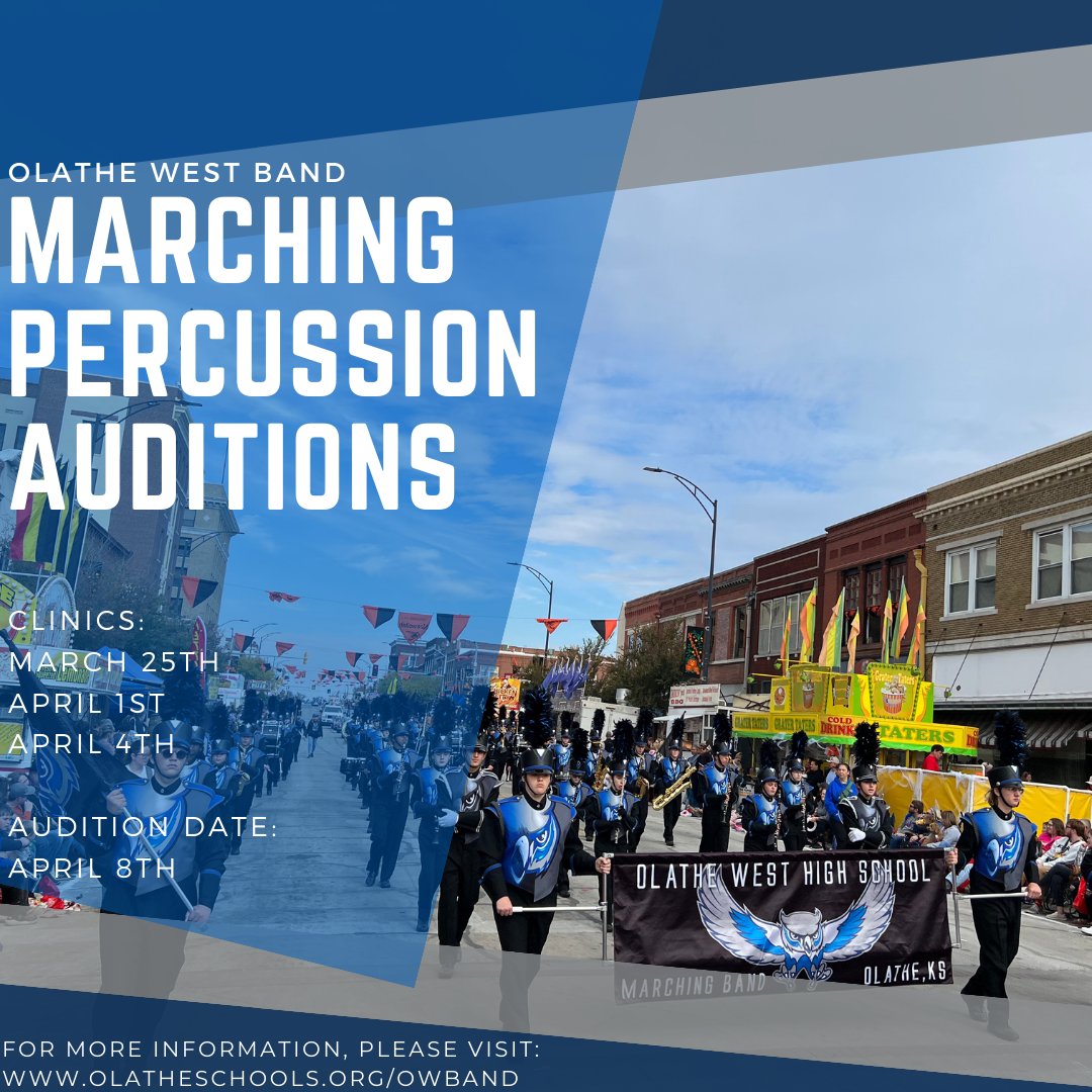 The OW Marching Band is gearing up for an AWESOME Fall 2024! We have several events coming up. Wind Player Interviews are this coming Monday, March 4th. Percussion clinics are coming up soon as well. Please visit our website olatheschools.org/owband for all the details!