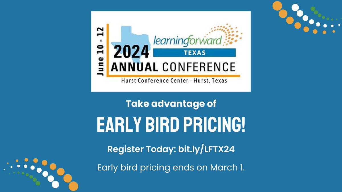 📆 Don't miss out on early bird pricing for the Learning Forward Texas Conference. Join us in Hurst on June 10-12 for our annual event.

Early bird pricing ends on March 1, so register today and save! 

➡️ Find all details at bit.ly/LFTX24. #LFTX24