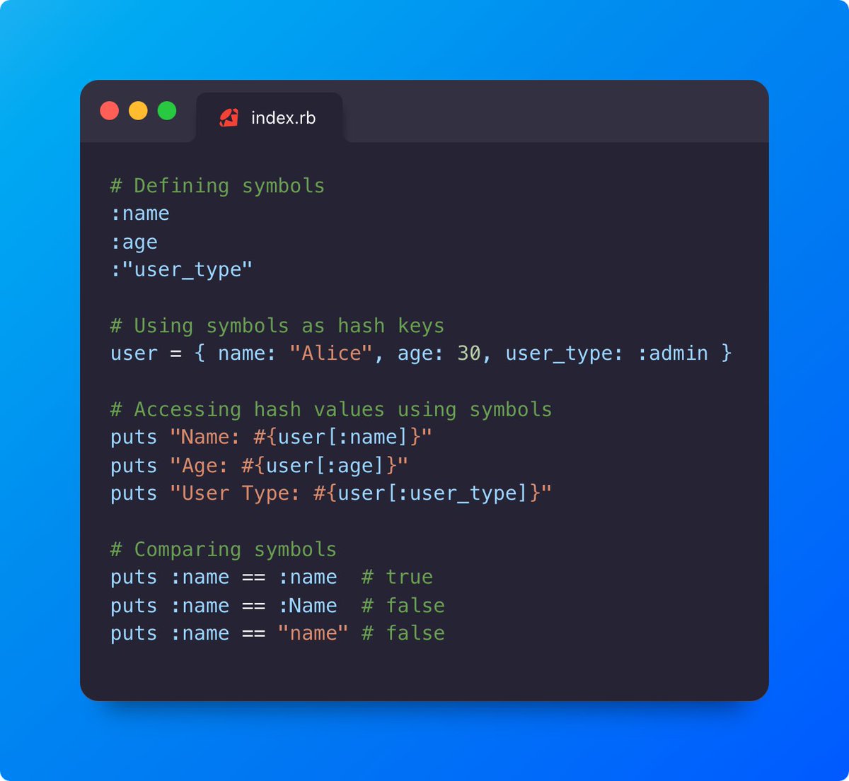 0xRajat's tweet image. Day 2 of #100DaysOfRuby: Symbols! 

Symbols are lightweight, immutable strings generally used as hash keys, or constants in Ruby.

They save memory and improve performance.