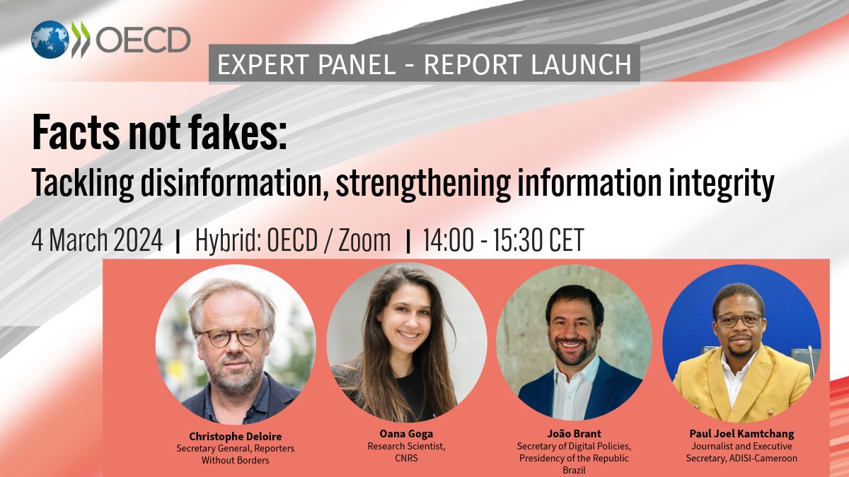 🗓Monday, March 4th Christophe Deloire, Chair of the Forum, will take part in the launch of the @OECD report 'Facts not fakes, Tackling disinformation, strengthening information integrity' at the the organization's headquarters in Paris. Register: meetoecd1.zoom.us/webinar/regist…