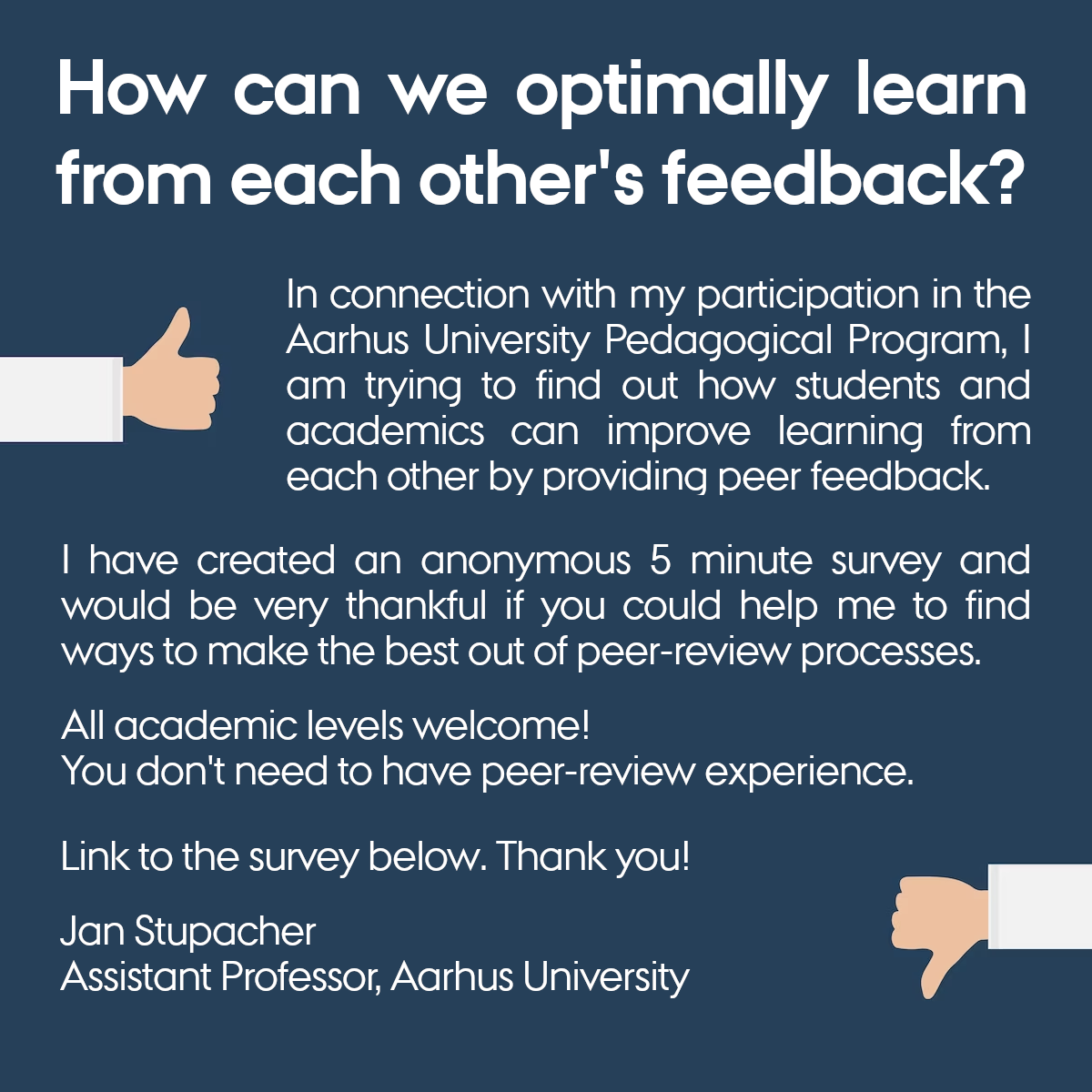 If you have 5 minutes, I would love to hear about your experiences with and opinions about peer-reviews. No matter if the reviews are for course work or publications. You can also participate if you have no peer-review experience. Link: soscisurvey.de/peer_reviews/ Thank you!