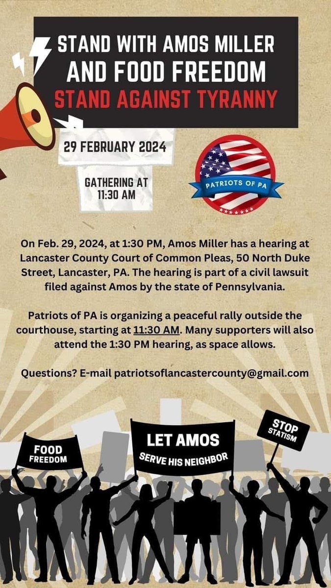 There’s a rally today in Pennsylvania preceding Amos Miller’s court case. He’s being prosecuted for operating outside of the onerous regulatory regime that keeps small farmers from providing nutritious food directly to consumers. My raw milk bill & my PRIME Act need to pass now!