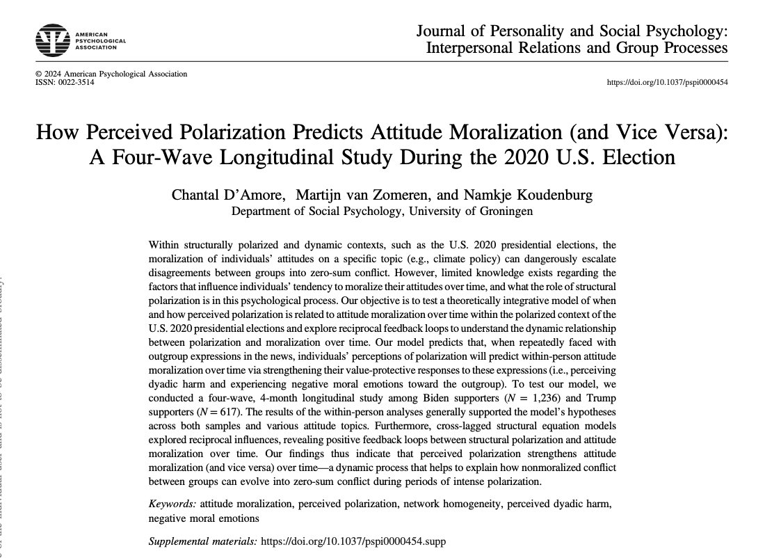 Really excited to share our new paper "How perceived polarization predicts moralization (and vice versa)", now online in JPSP! 
dx.doi.org/10.1037/pspi00…
Introduces and tests a new model linking polarization with moralization over time. 
With Martijn van Zomeren and <a href="/Koudenburg/">Namkje Koudenburg</a>