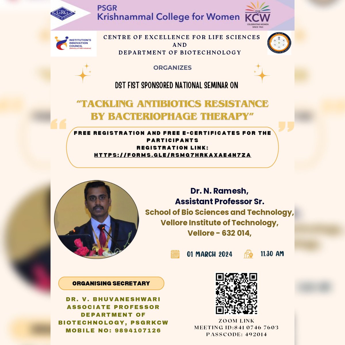 psgrkcw's tweet image. Join us for a DST FIST Sponsored Seminar on &quot;Tackling Antibiotics Resistance by #BacteriophageTherapy&quot; on March 1, 2024, at 11:30 AM. Speaker: Dr. N. Ramesh, VIT. Free registration: forms.gle/rSMq7hrkAxae4n…
Let&apos;s explore Bacteriophage Therapy together
#WomenInScience #DSTFIST #KCW