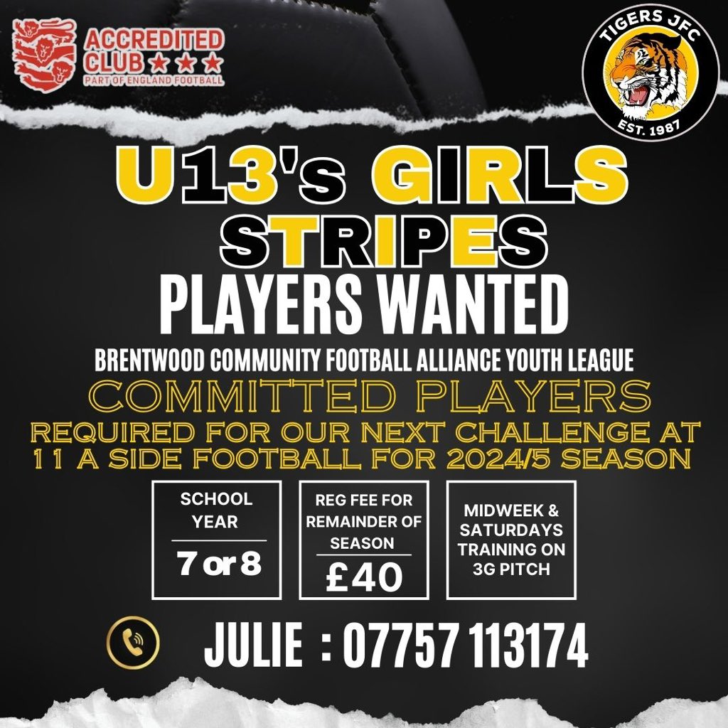 The latest players wanted ads have been released this morning. We have availability for U8’s Boys, Under 12’s Bots, U11’s Girls and U13’s Girls. Please use the contact numbers on the ads #tigersjfcfamily #3*Accredited