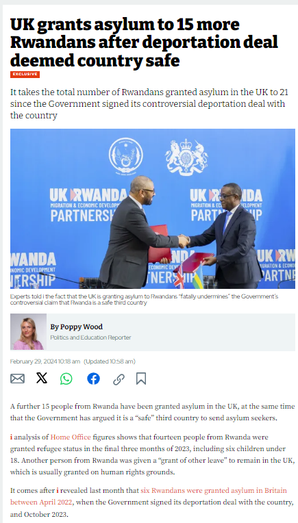 So that is now 21 Rwandans the UK have granted asylum to since declaring Rwanda was a safe country

Not going well for Sunak

#ToriesOut602 #SunakOut492 #GeneralElectionNow #Sunackered #UnitedAgainstTheTories #Starmer4PM