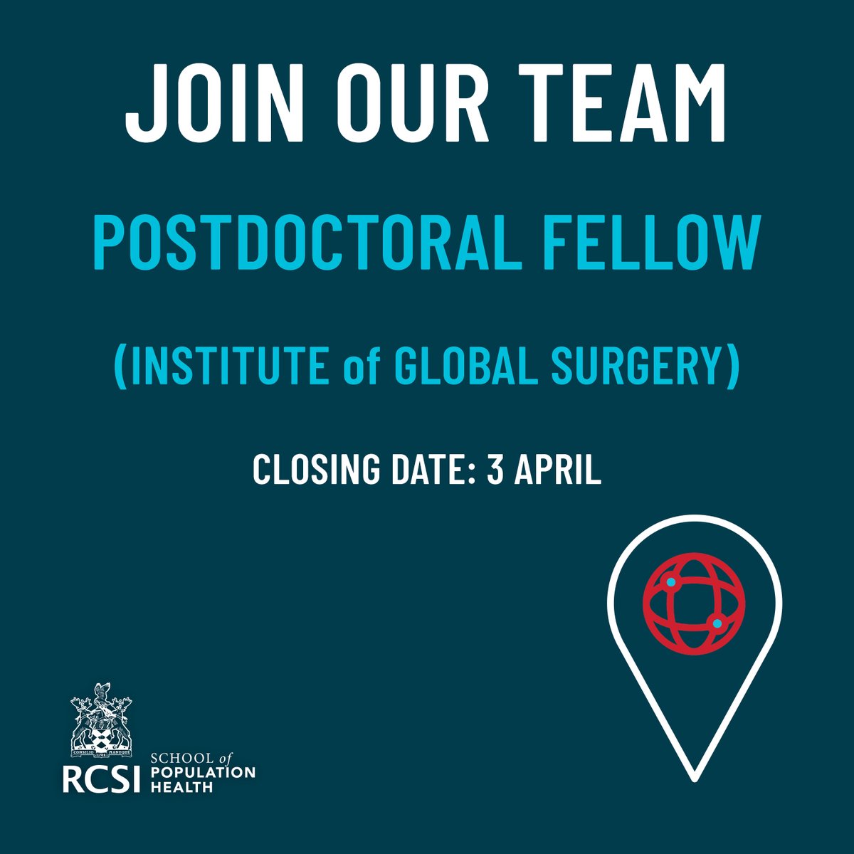 We're recruiting for a postdoctoral fellow in @RCSI_GlobalSurg to contribute to cutting-edge research projects in the field of global surgery & global health. To apply 👉 my.corehr.com/pls/coreportal… @jcpuyanamd