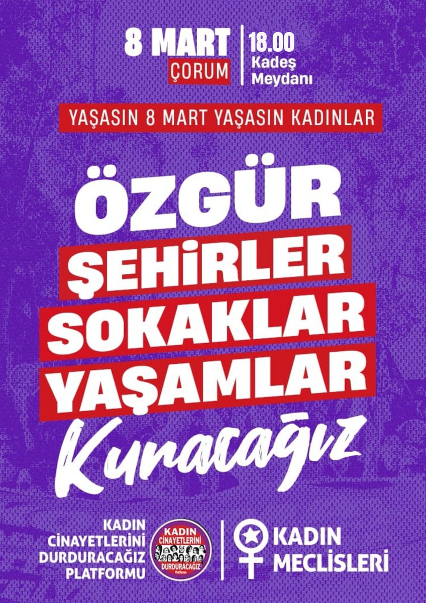 Dünya Kadınlar Günü için Çorum'da buluşuyoruz.

📍Kadeş Meydanı
📅8 Mart - 18.00