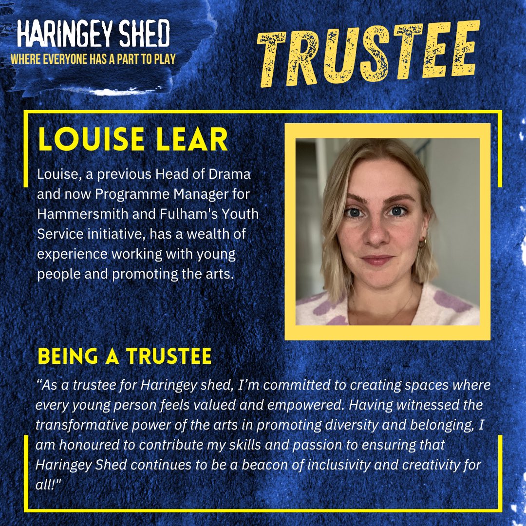 We’re thrilled to announce some exciting new faces to the Haringey Shed board of trustees! Their diverse expertise will be invaluable as we continue to grow our inclusive creative arts for young people. 
 
Introducing…Frankie Garforth, Nathan Tuft, Joshua Agada and Louise Lear