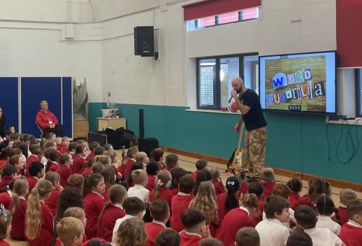 Lots of excitement in school today for a our visit from @wordguerrilla. A fantastic assembly and now some workshops underway! Thanks so much for visiting WG! #aspiration