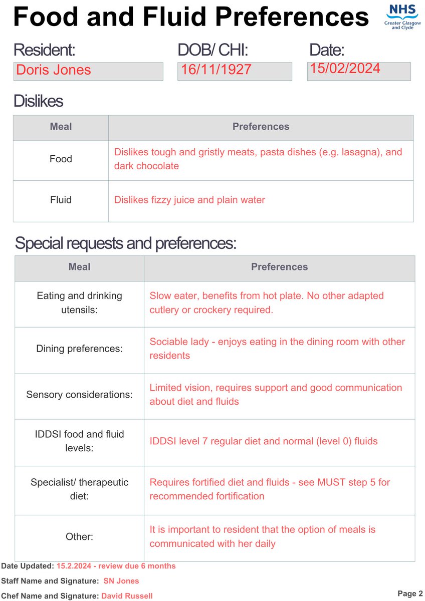 Today our Care Home dietitians wanted to discuss food and fluid preferences within care homes. 

They have recently created a template to capture this information and an example 👇🏼