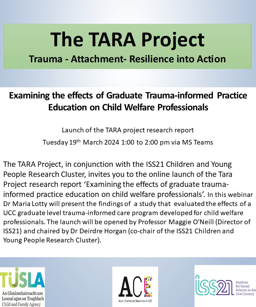 ISS21 (@iss21ucc) on Twitter photo Join us 19 March for launch of TARA report, based on research on effects of a UCC trauma-informed care program developed for child welfare professionals. Register at forms.office.com/e/D9KjDjDezq
<a href="/ACEUCC/">ACE UCC</a> <a href="/UCCAppSoc/">AppliedSocialStudies</a> <a href="/CACSSS1/">UCC Arts, Celtic Studies and Social Sciences</a> <a href="/UCCResearch/">UCC Research</a>
<a href="/dhorgan1/">Dr. Deirdre Horgan</a> <a href="/tusla/">Tusla - Child and Family Agency</a> <a href="/marialotty1/">Maria Lotty PhD</a> <a href="/helen4play_ucc/">Helen Lynch</a> Join us 19 March for launch of TARA report, based on research on effects of a UCC trauma-informed care program developed for child welfare professionals. Register at forms.office.com/e/D9KjDjDezq
<a href="/ACEUCC/">ACE UCC</a> <a href="/UCCAppSoc/">AppliedSocialStudies</a> <a href="/CACSSS1/">UCC Arts, Celtic Studies and Social Sciences</a> <a href="/UCCResearch/">UCC Research</a>
<a href="/dhorgan1/">Dr. Deirdre Horgan</a> <a href="/tusla/">Tusla - Child and Family Agency</a> <a href="/marialotty1/">Maria Lotty PhD</a> <a href="/helen4play_ucc/">Helen Lynch</a>