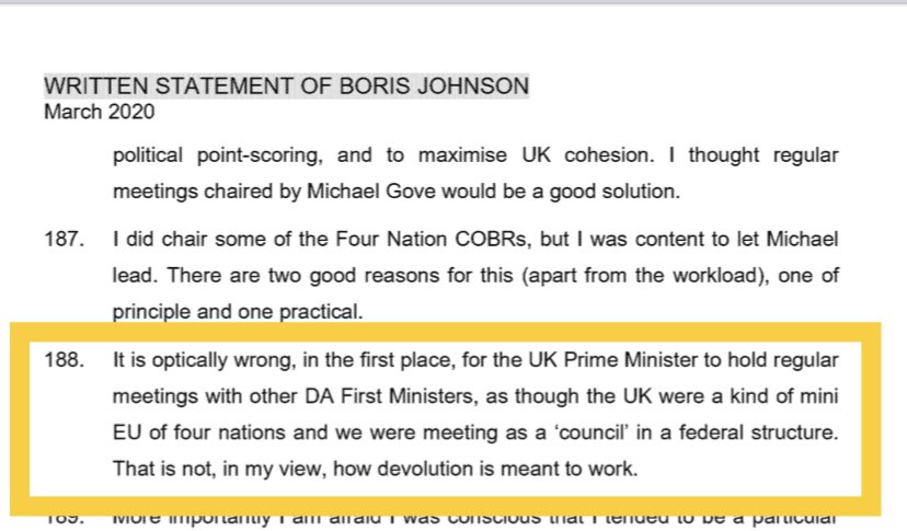 Prof Dan Wincott @WalesGovernance - asked by @covidinquiryuk re Boris Johnson’s below statement about regular meetings with First Ministers being ‘optically wrong’: “That’s quite an extraordinary statement really, not least because Mr Johnson himself contradicts it later on…”