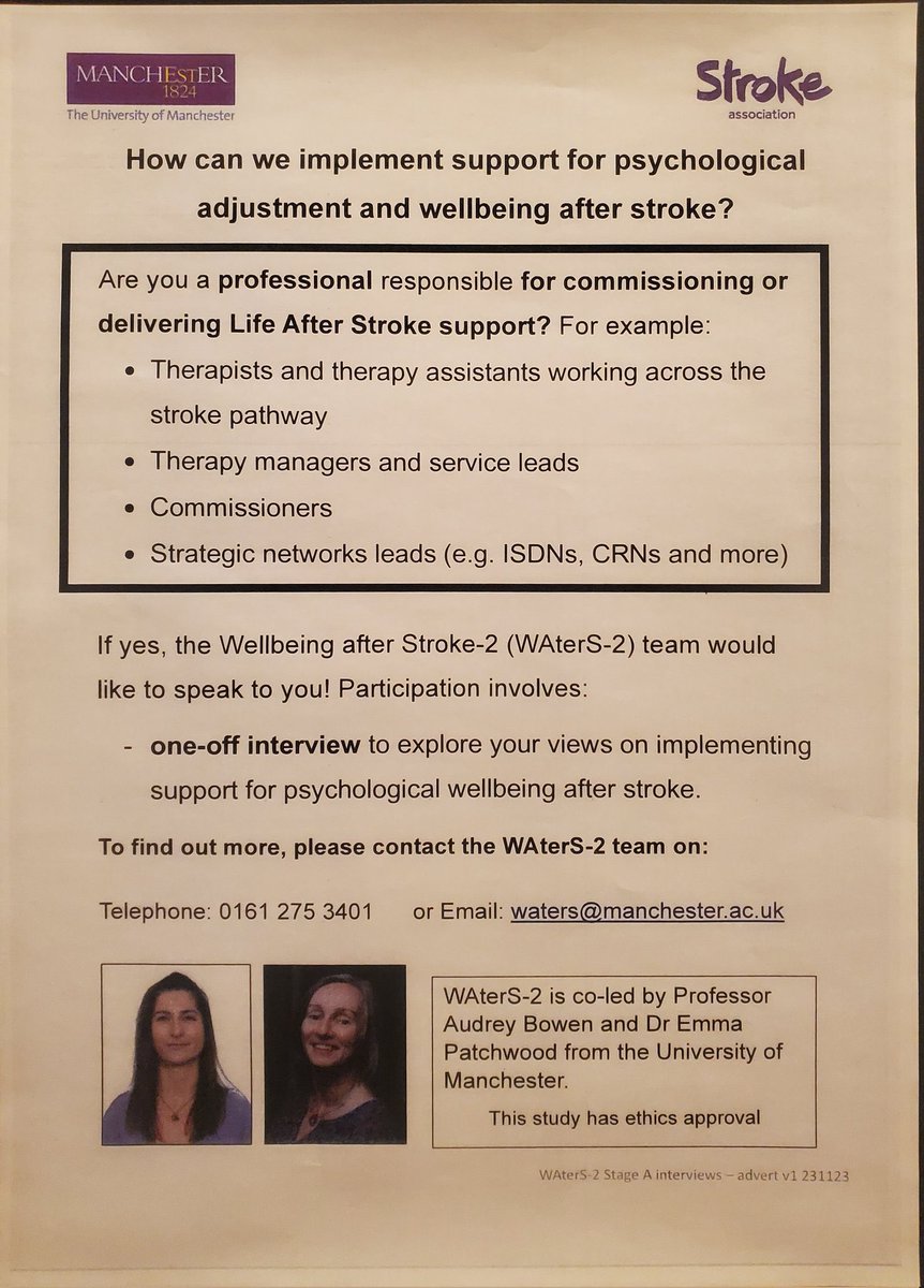 Are you a professional responsible for commissioning or delivering services for stroke survivors? If so, WAterS would love to speak to you! Please help us implement support for psychological adjustment in Life After Stroke. Contact us at waters@manchester.ac.uk / 01612753401